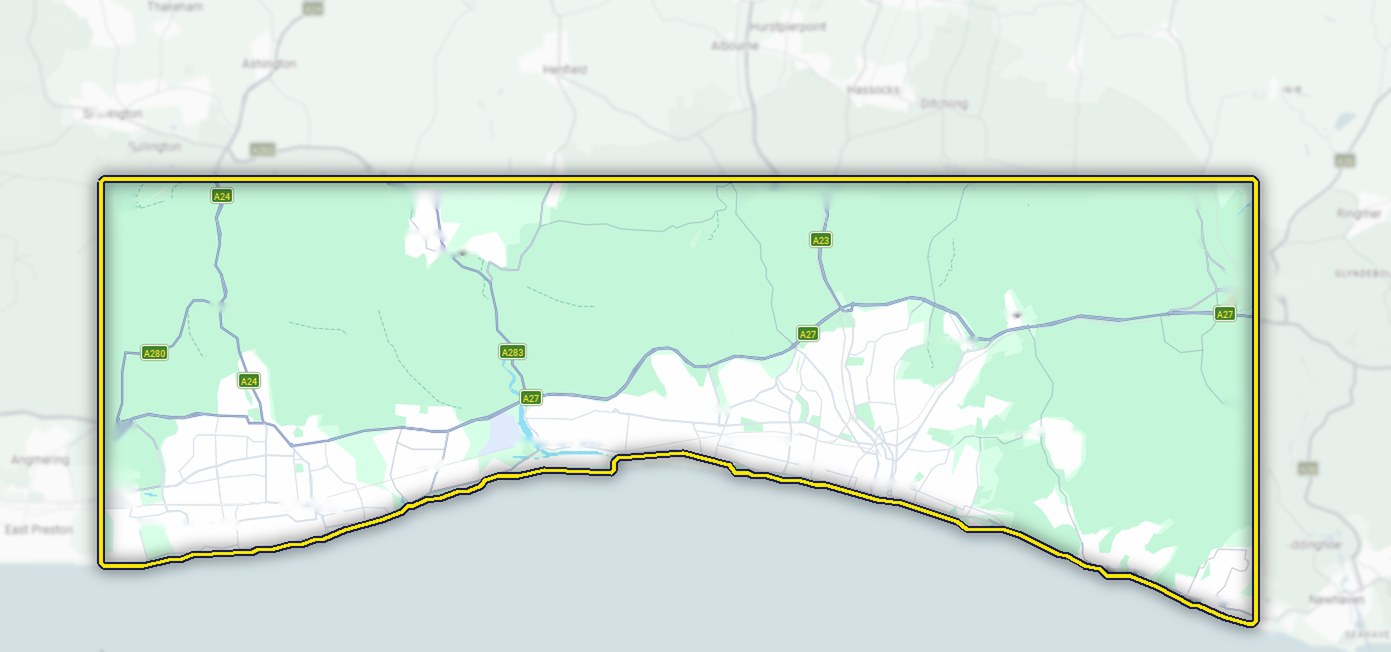 Map of the On Heating coverage area, from Worthing in the west to Peacehaven in the east and inland to Steyning and Lewes, with the base in Hove marked.