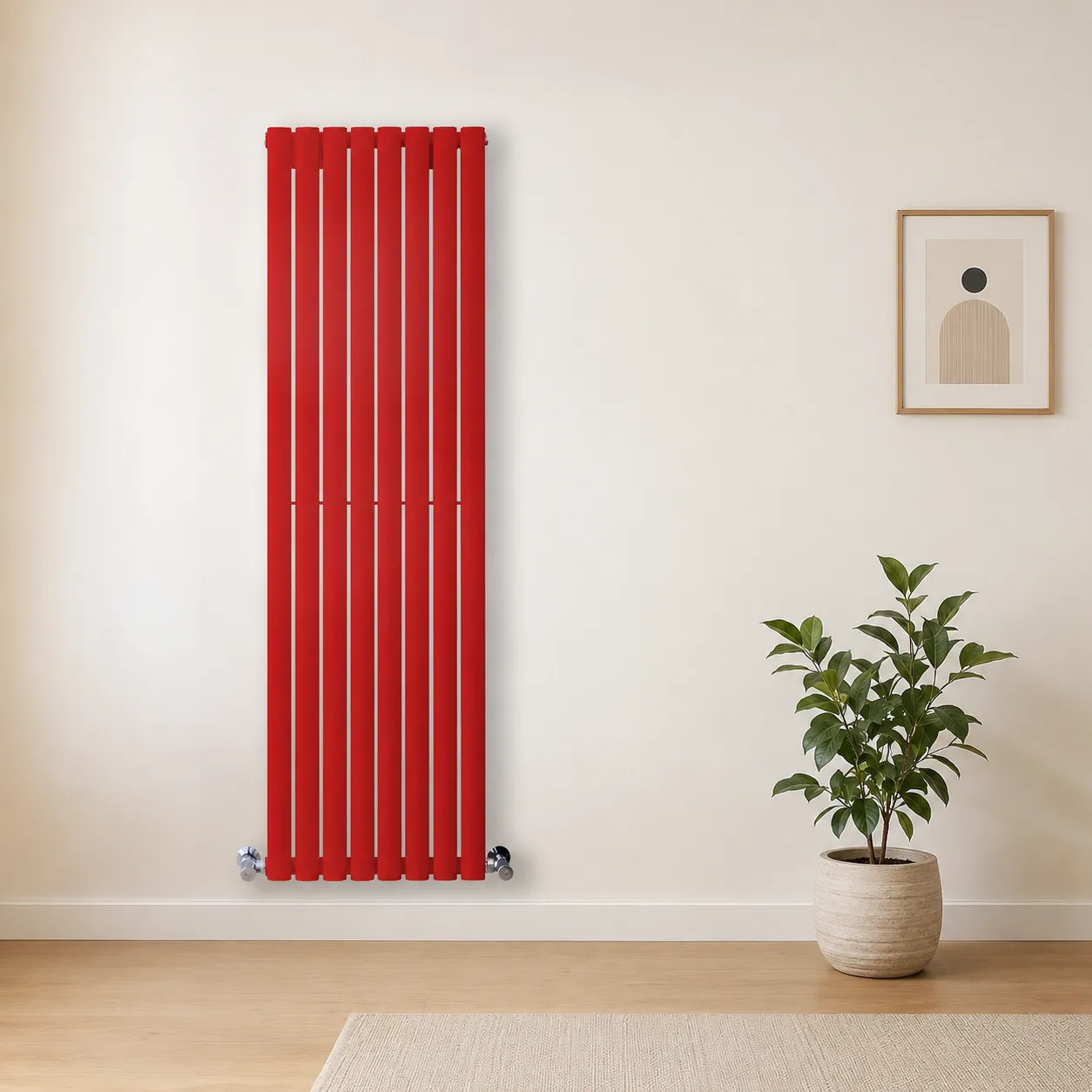 A full height vertical flat panel radiator in bright red, mounted on a plain wall.