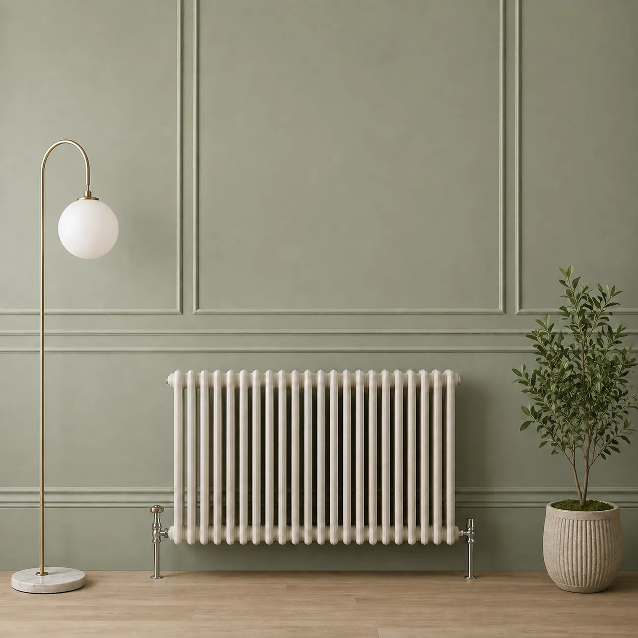 A traditional cast style column radiator in cream, with chrome valves, against a panelled wall.